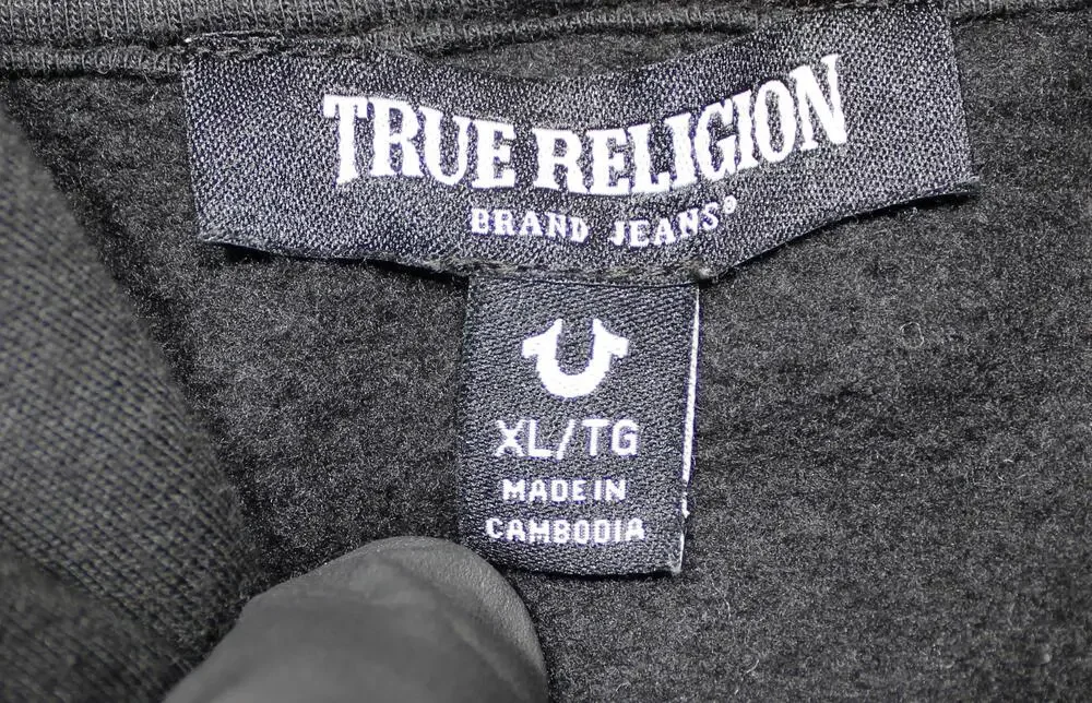 True Religion Hoodie Mens XL Black Full Zip Fleece Sweatshirt Buddha Graphic